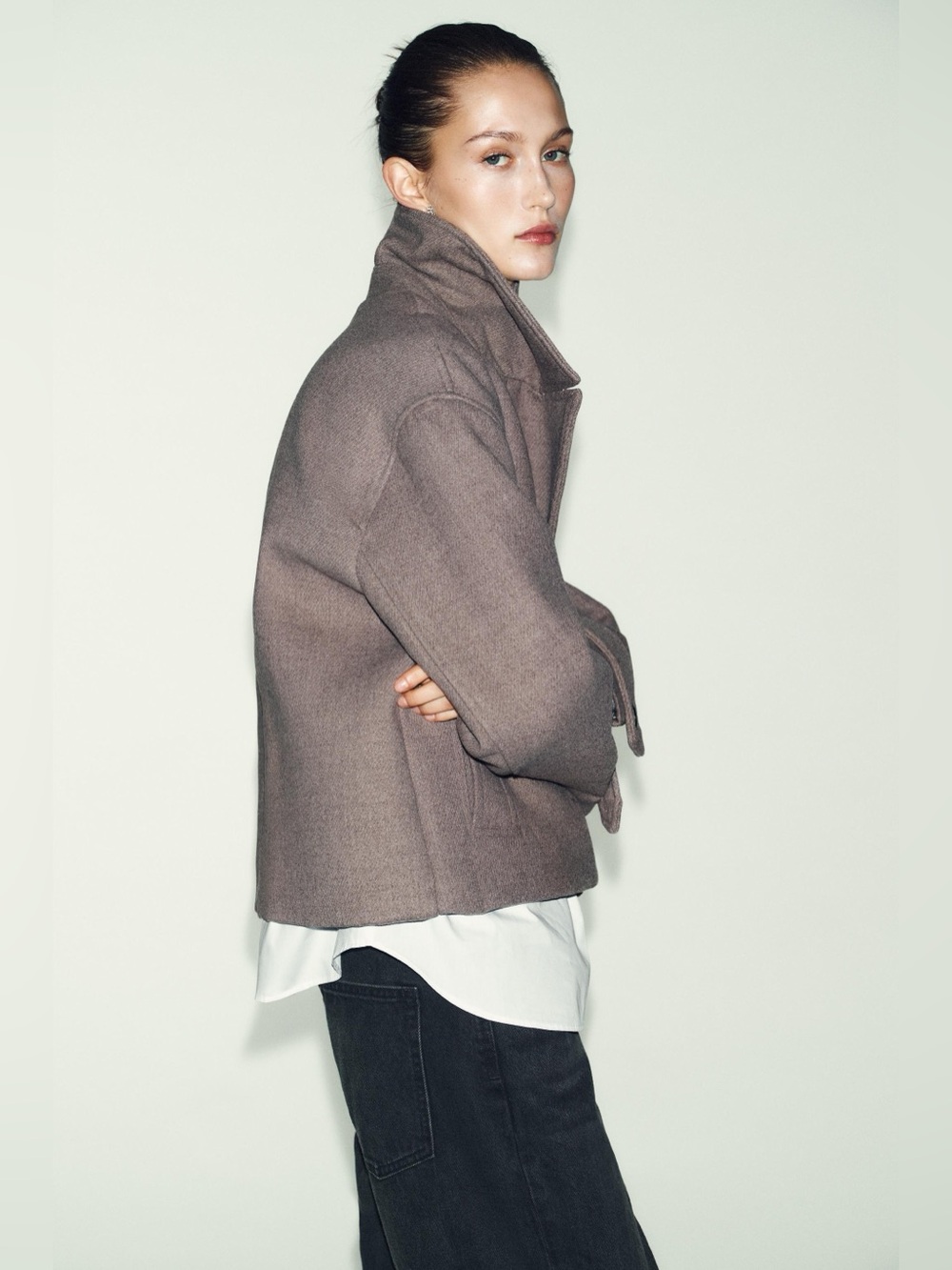 Double-Breasted Cropped Coat - Taupe/Mink